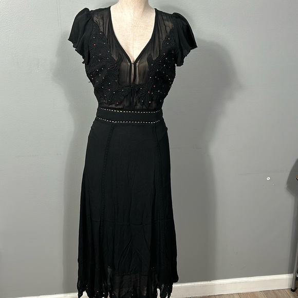 Vintage Cleobella Black Chiffon Open Back Elegant Embroidered Asymmetrical Dress - Picture 3 of 17